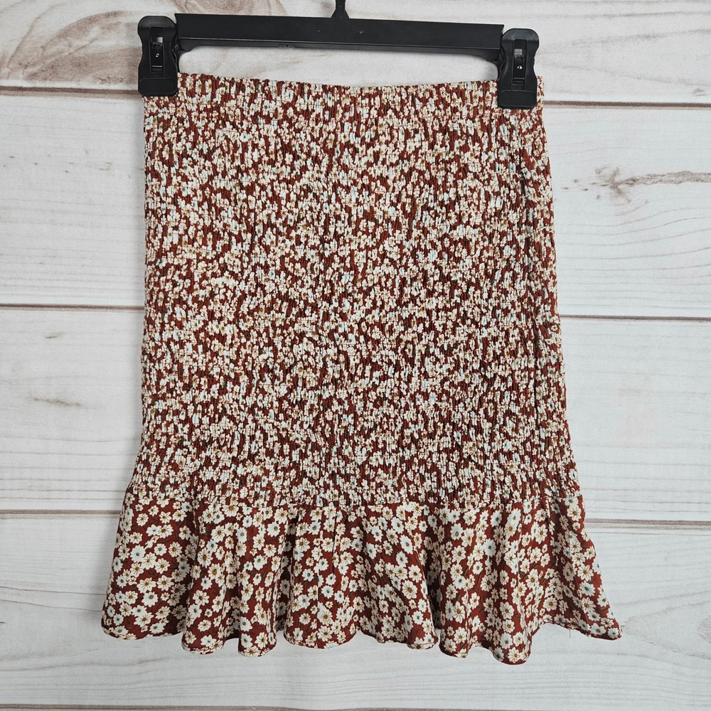 O.Vianca Rust Floral Smocked Mini Skirt Small Ruffle Hem Cottagecore Boho